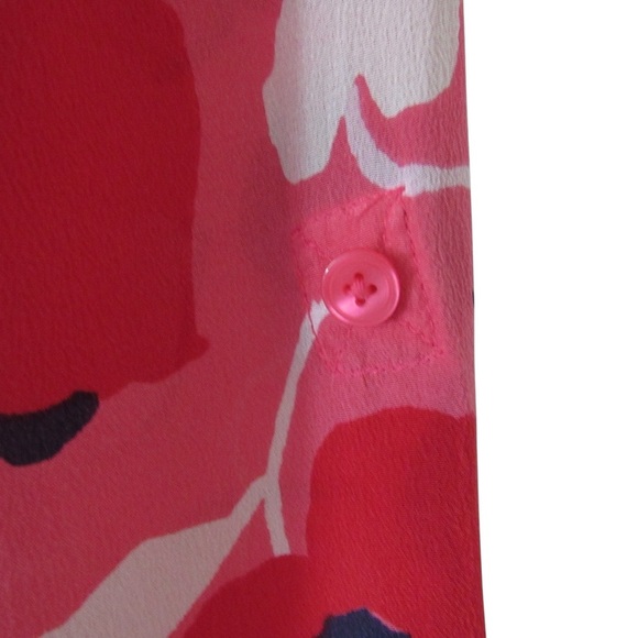Talbots Pink Red Floral Silk Blouse Large Long Sleeves Roll Tab Careerwear - Picture 6 of 11